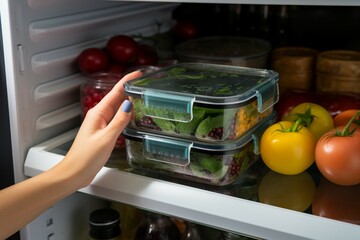 Precise moment Female hands grasp food container from fridge, close up perspective - obrazy, fototapety, plakaty