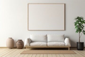 Blank horizontal poster frame mock up in style living room interior, modern living room interior background. Generative AI