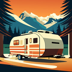 Camping trailer in the mountains. illustration in flat style.