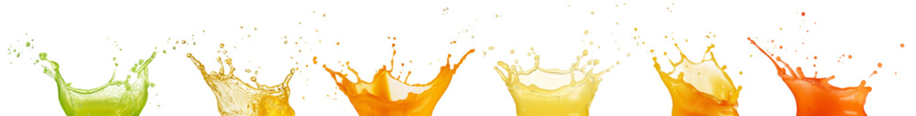 Set of fruit juice splashes isolated on white background. Real image.