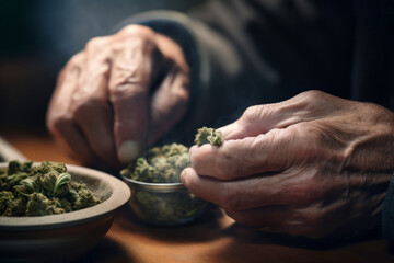 An elderly person preparing his medical prescription, a dose of cannabis buds. Use of CBD in senior health to reduce rheumatism and pain. - obrazy, fototapety, plakaty