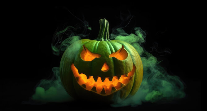 Green halloween pumpkin with green smoke isolated on dark background