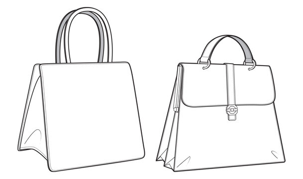 Lady handbag flat sketch fashion illustration drawing template mock up, Top handle kelly bag cad drawing. ladies Handheld bag flat sketch vector