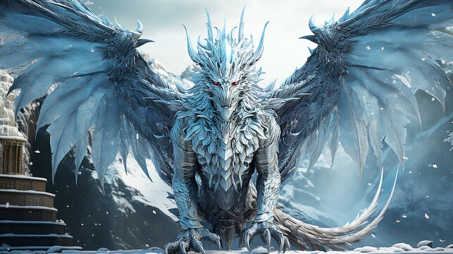 Dragon at winter mountains cartoon landing page. Magic character sitting on rock at snowy landscape background. 