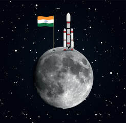 Chandrayaan landed on moon with indian flag and black sky and stars | Vector illustration