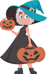 A small girl is wearing a frightening witch costume and she is carrying a pumpkin. Halloween is all about having a good time and doing enjoyable activities that are connected to Halloween.