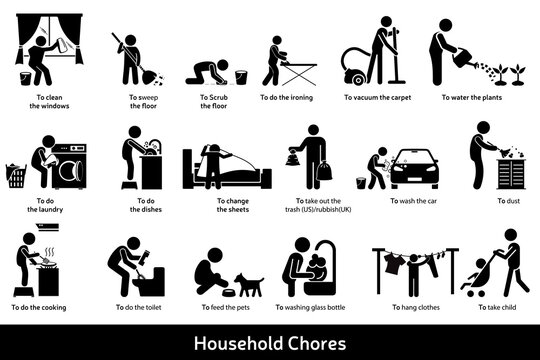 Household chores set icon vector. Clean the window, sweep the floor, water the plants, feed the pets, wash the car...  Pictogram icon symbol sign.  Eps 10 vector illustration.