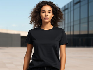 Attractive young woman wearing blank empty black t-shirt mockup for design template