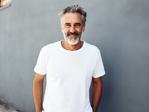 Healthy senior man wearing blank empty white t-shirt mockup for design template