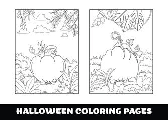 Halloween pumpkin coloring pages for kids. Pumpkin themed outlined for coloring page on white background.