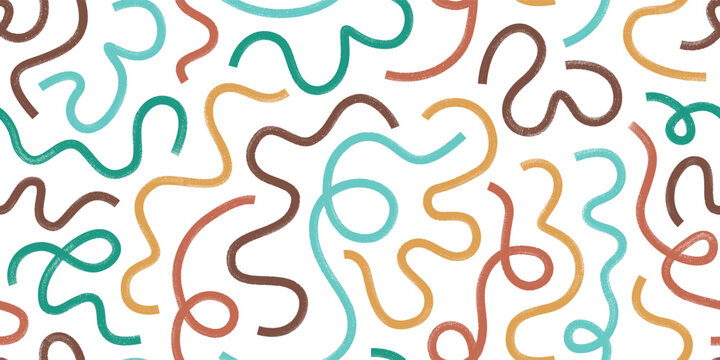 Creative bold brush line abstract art seamless background, banner. Colorful scribbles doodle vector pattern