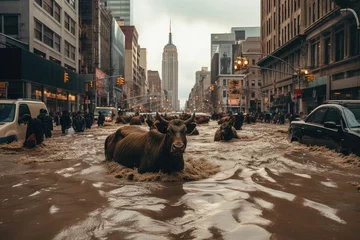 Papier Peint photo TAXI de new york On a flooded street in New York, a cow, people and cars. The climate problem of high precipitation.