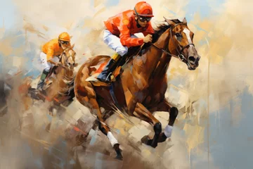 Foto op Canvas Banner with jockey at horse racing competition. Rider on horse during a race © Lazy_Bear
