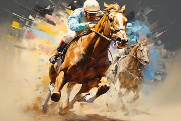 Foto op Aluminium Banner with jockey at horse racing competition. Rider on horse during a race © Lazy_Bear