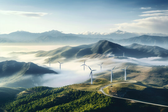 Wind farm. Wind generators in mountain landscape. Development of renewable energy sources