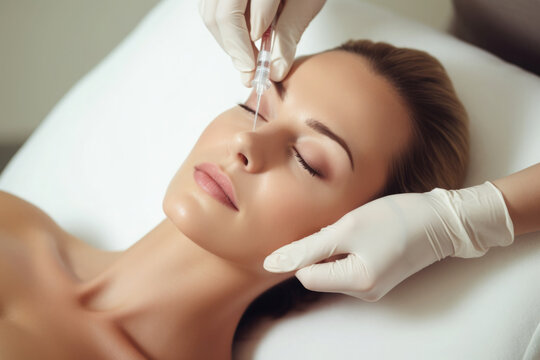 Young beautiful woman receives botox injection for facelifting. Aesthetic medicine. Cosmetology procedure in beauty clinic.