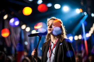 Deurstickers pretty young woman at political convention speaking into microphone © Richard Miller