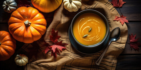 Ai. Pumpkin soup in a bowl with autumn leaves and pumpkins on a dark background