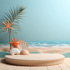 Minimal round marble podium, Aesthetic summer dais, 3D podium with a premium summer beach background, seaside sand, waves, shells and coconut trees for product showcase, AI generated.