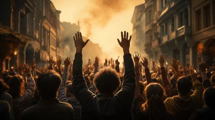 Crédence en verre imprimé Milan Rear view protesting crowd people on city street with raised hands. Generative AI