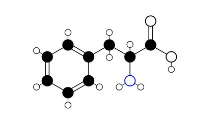 phenylalanine molecule, structural chemical formula, ball-and-stick model, isolated image alpha-amino acid