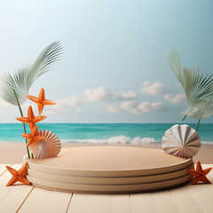 Minimal round marble podium, Aesthetic summer dais, 3D podium with a premium summer beach background, seaside sand, waves, shells and coconut trees for product showcase, AI generated.