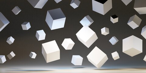 Abstract white 3D cubes fly on dark background. Modern background design with geometric shapes. 3D rendering.