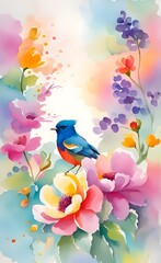 Exotic bird and flowers, watercolor style.