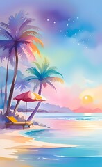 Tropical beach with palm trees, watercolor style.