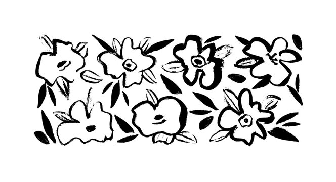 Vector set of beautiful silhouettes flowers chamomiles. Collection of hand drawn graphic flowers. Brush strokes silhouette.Trendy monochrome botanical print.
