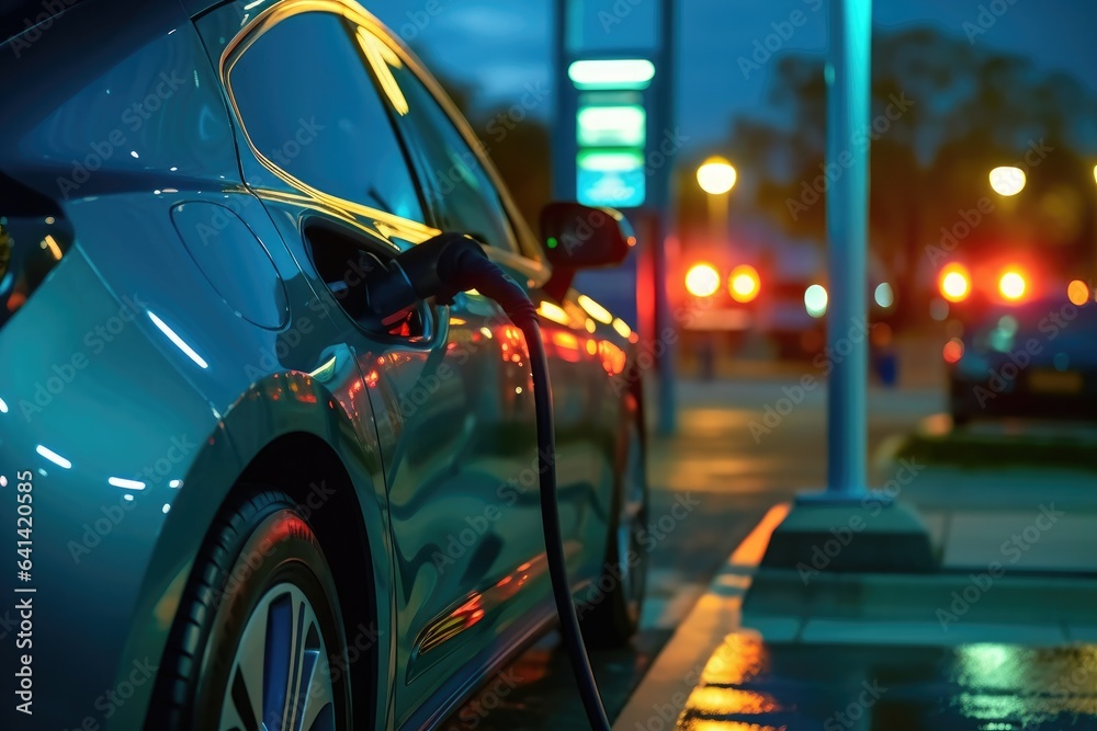 Wall mural electric car charging at a gas station in the city. generative ai