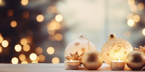 Close up of Christmas decorative composition with christmas balls, candles, golden decoration. New year, Xmas background. Winter greeting card. Holidays template. Generative ai