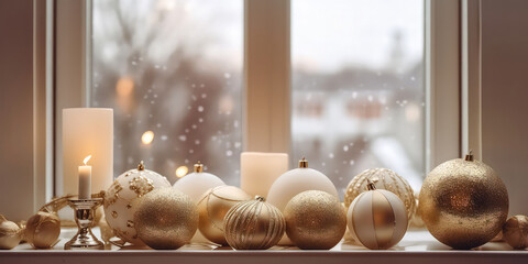 Close up of Christmas decorative composition with christmas balls, candles, garland, golden decoration on windowsill. New year, Xmas background. Winter greeting card. Holidays template.Generative ai