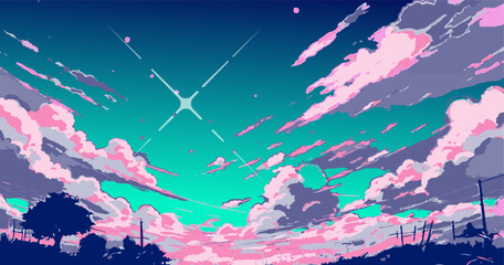 Obraz premium Bright cloudscape with a glowing star overhead. Vector illustration in cartoon anime style with retrofuturistic vaporwave vibe.