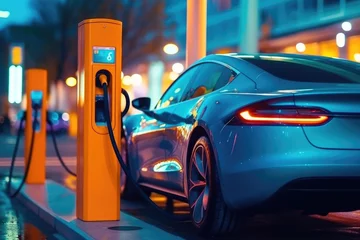 Deurstickers Graffiti collage Electric car charging at a gas station in the city. Generative AI