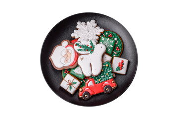 Fototapeta na wymiar Beautiful Christmas or New Year colorful homemade gingerbread cookies