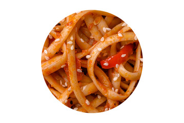 Delicious asian udon dish with vegetables, mushrooms, salt and spices