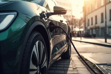 Electric car charging at a gas station in the city. Generative AI