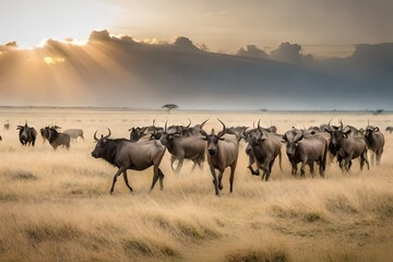 Wildebeests on migration,  - obrazy, fototapety, plakaty