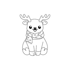 Cute happy chibi style sitting reindeer animal outline doodle cartoon illustration