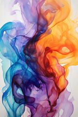 Fototapeta premium texture of watercolor and alcohol paints. colorful smoke and splash. blue, orange and purple on a white background.
