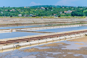A view of newly refurbished crystallisation pools at the salt pans at Secovlje, near to Piran,...