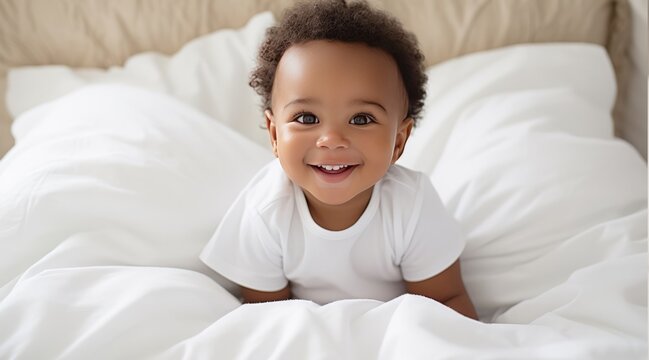 Adorable African American baby portrait in the bed