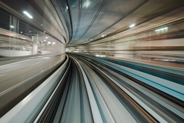 Motion blurred of train moving inside tunnel with daylight in tokyo, Japan.
