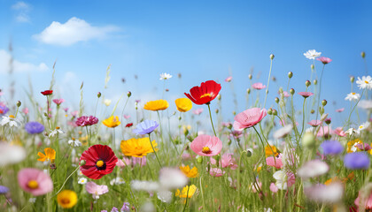 Fototapeta na wymiar Colorful flower meadow in springtime - Generativ AI
