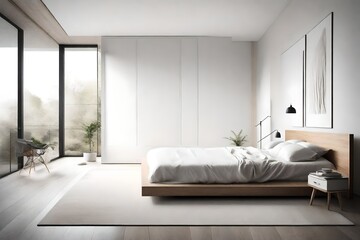 A minimalist bedroom with clean lines and neutral tones, where a white empty canvas frame for a mockup complements the peaceful ambiance.
