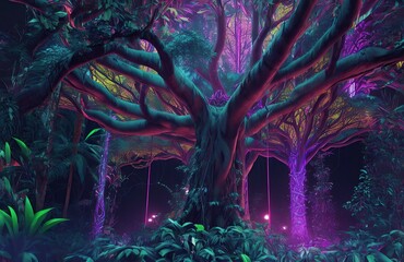 Explore a vibrant psychedelic jungle with towering trees amidst neon circuit board lines. Stunning octane render in full HD and 8K resolution. - obrazy, fototapety, plakaty