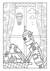 The robot sits at the table and holds a cup in his hands. You can see a balloon flying outside the window. Black and white vector illustration for coloring book.