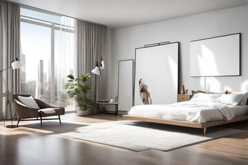 Naklejka na ściany i meble A modern bedroom with sleek furniture and a white canvas frame for a mockup, inviting creative inspiration into the space. 