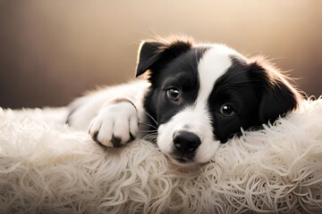 Naklejka na ściany i meble Adorable little black and white border collie puppy sleeping peacefully on cozy couch 